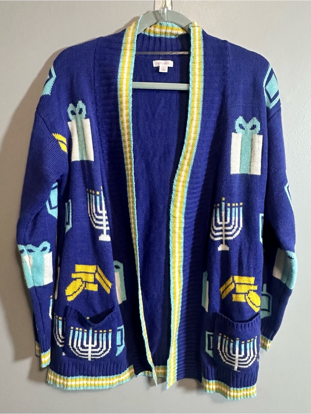 Xhilaration Hanukkah Cardigan Sweater Women’s L Menorah Dreidel Gift Blue